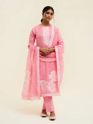 Pink Chanderi Jacquard Floral Self-Woven Suit Set