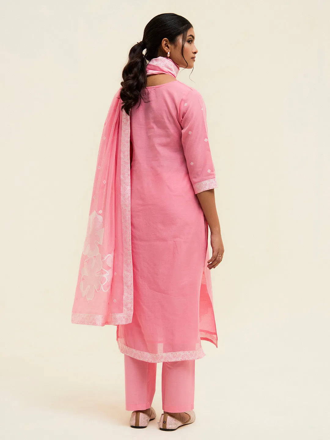 Pink Chanderi Jacquard Floral Self-Woven Suit Set