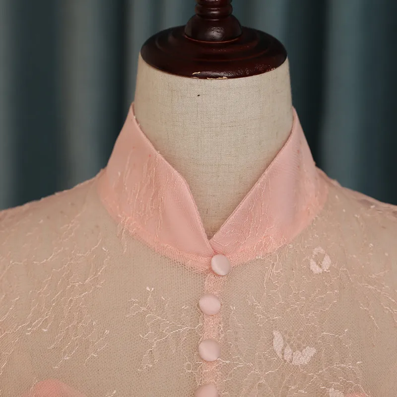 Pink Lace High Neckline Short Homecoming Dress, Lace Lovely Formal Dresses