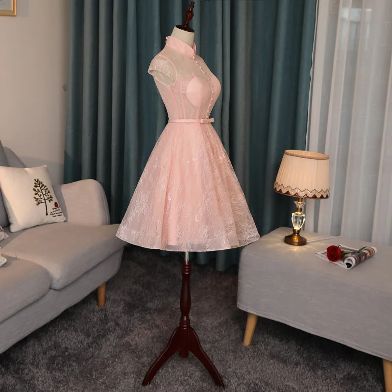 Pink Lace High Neckline Short Homecoming Dress, Lace Lovely Formal Dresses