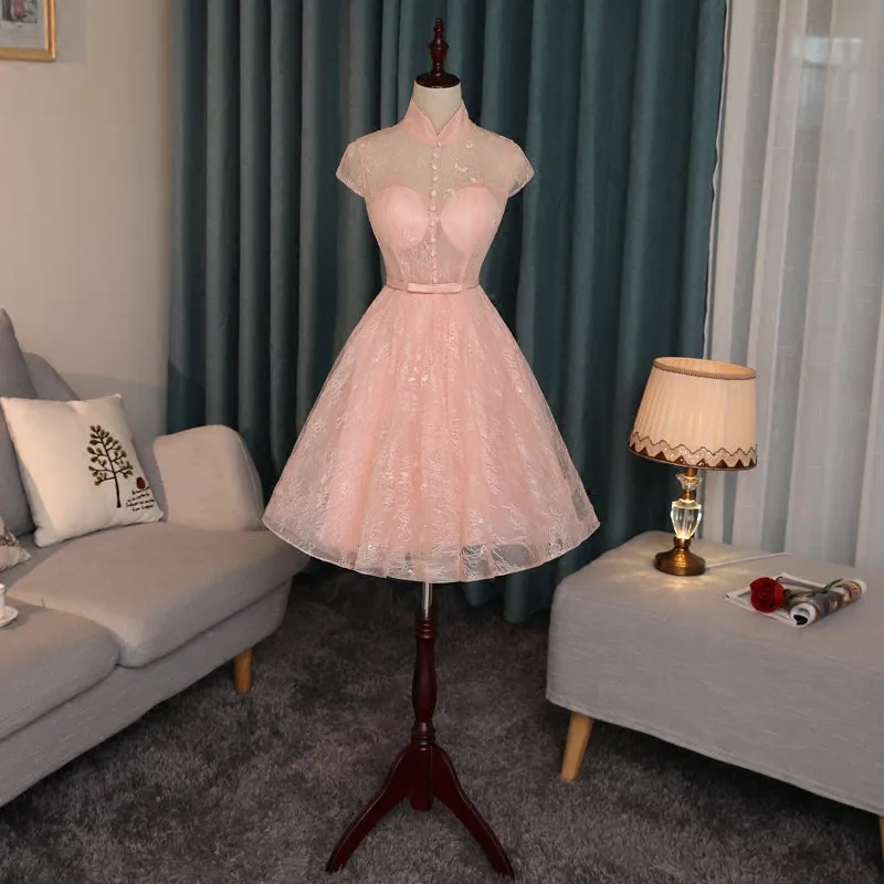 Pink Lace High Neckline Short Homecoming Dress, Lace Lovely Formal Dresses