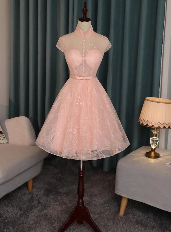 Pink Lace High Neckline Short Homecoming Dress, Lace Lovely Formal Dresses