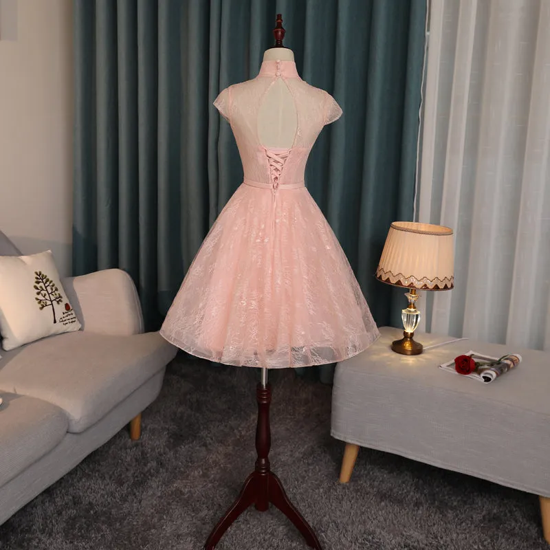 Pink Lace High Neckline Short Homecoming Dress, Lace Lovely Formal Dresses