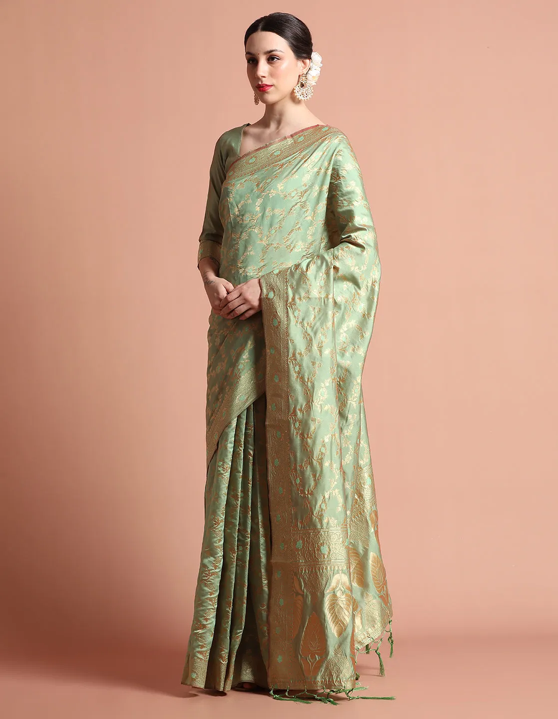 Pista Green Silk Banarasi Zari Woven Heavy Saree