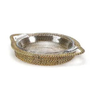 Round Baker Wicker Pyrex Pie Plate w/ Holder