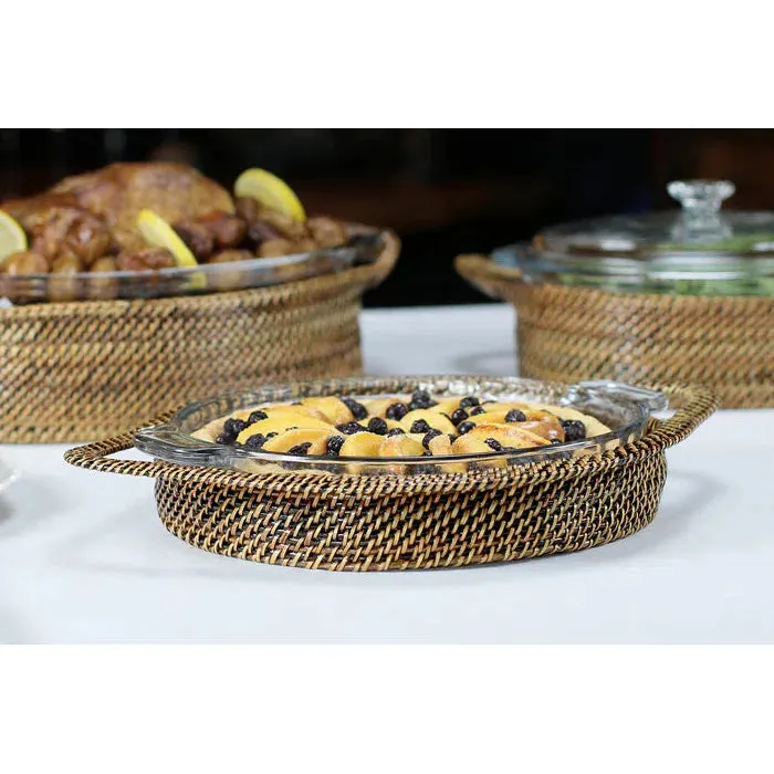 Round Baker Wicker Pyrex Pie Plate w/ Holder