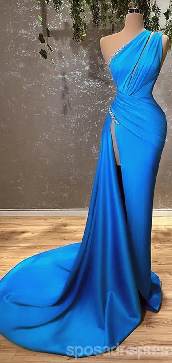 Sexy Blue Sheath One Shoulder High Slit Cheap Long Prom Dresses,13039