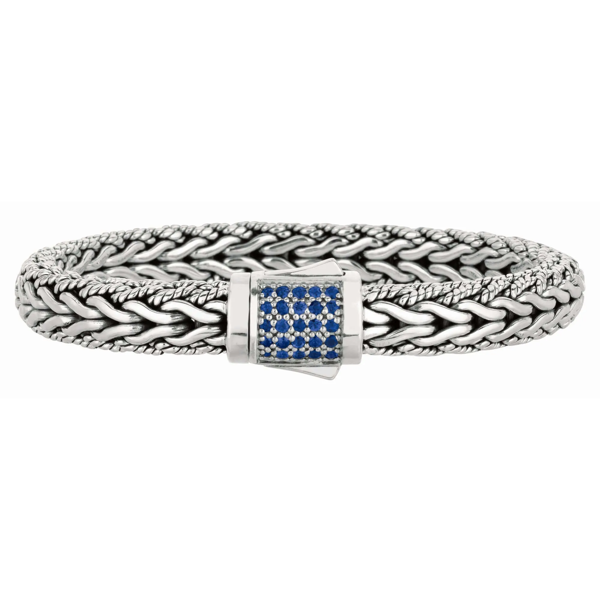 Silver Half Round 9 mm Woven Chain Sapphire Bracelet