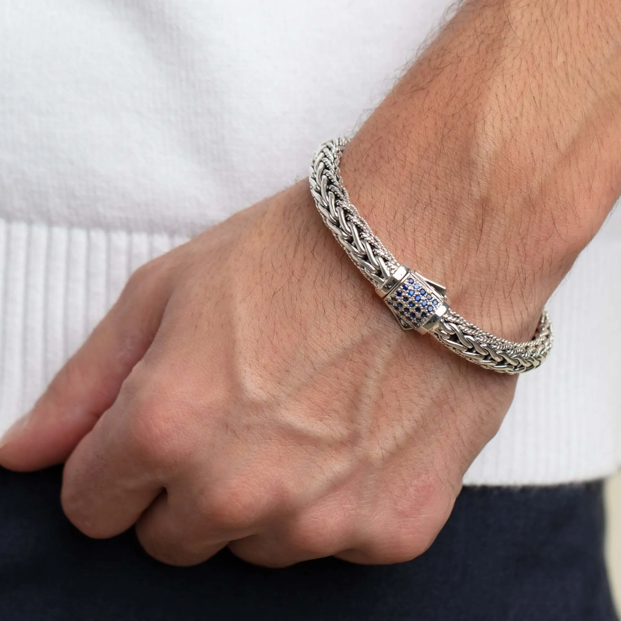 Silver Half Round 9 mm Woven Chain Sapphire Bracelet