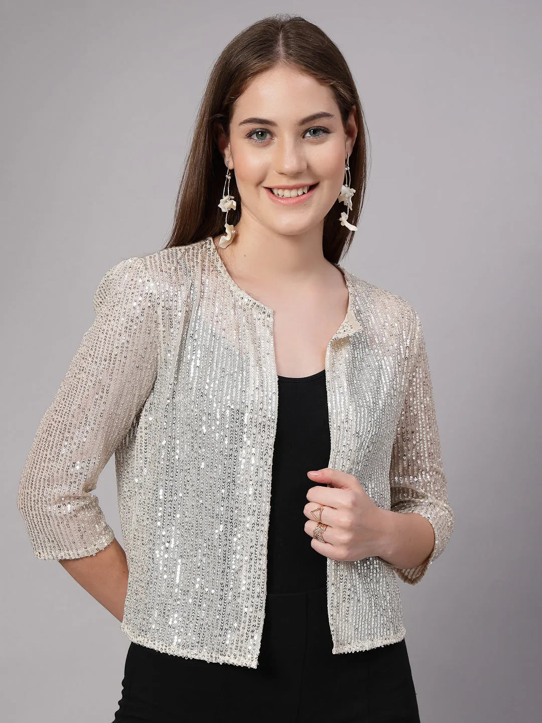 Style Quotient Women Silver Beige Sequins shrug