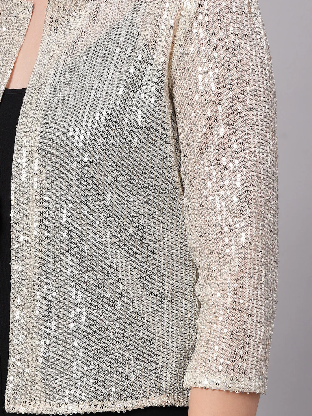 Style Quotient Women Silver Beige Sequins shrug