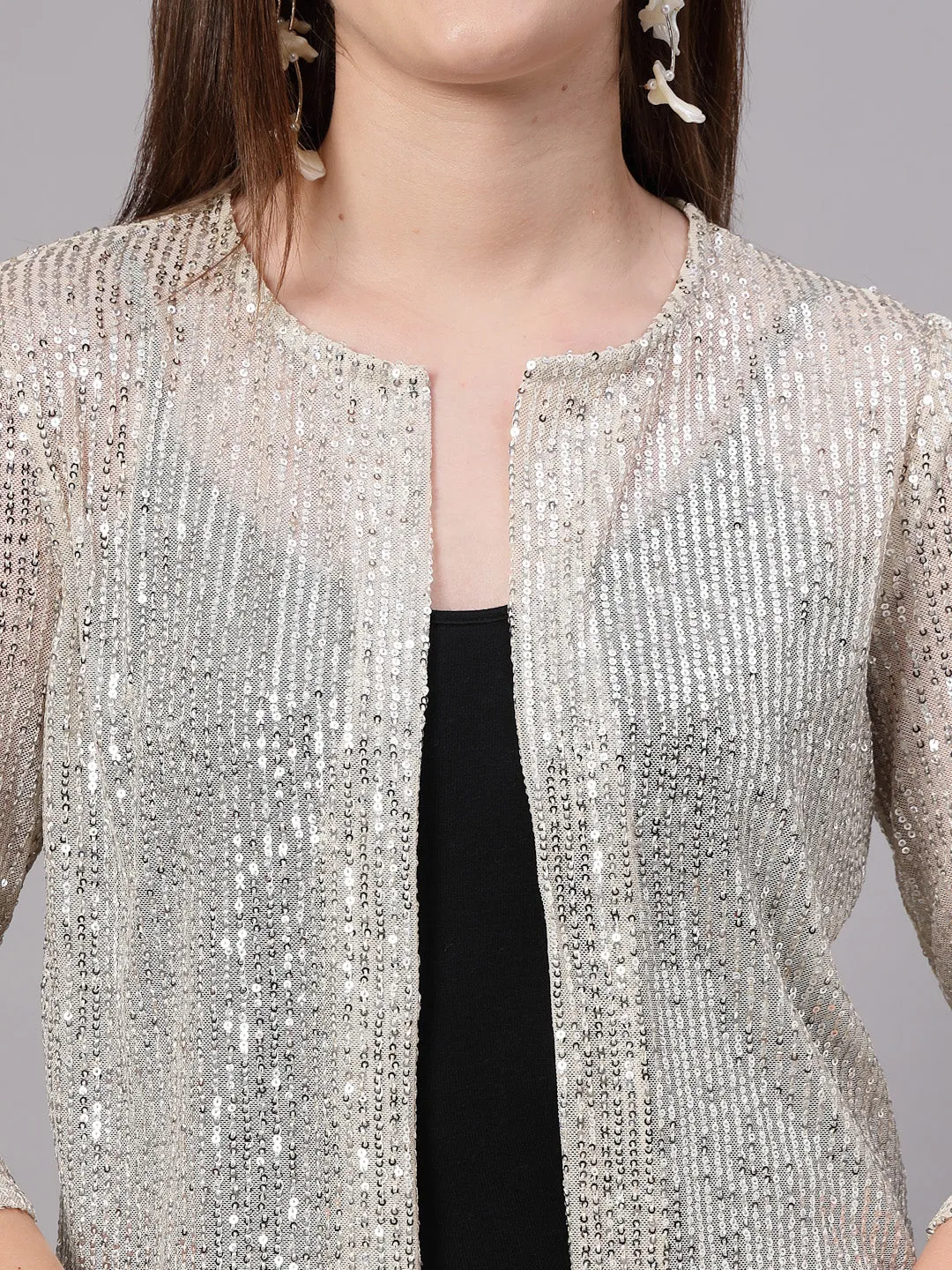 Style Quotient Women Silver Beige Sequins shrug