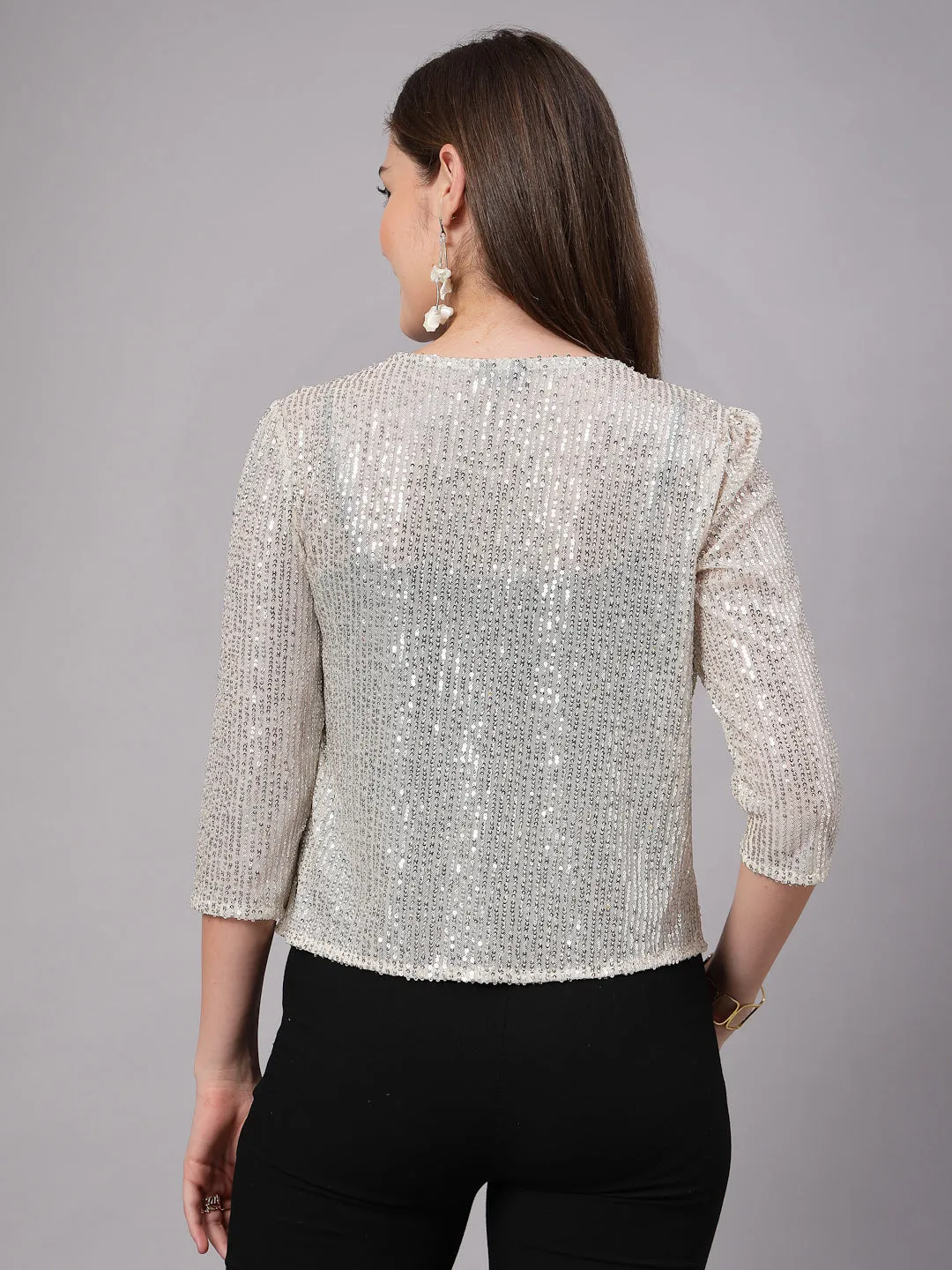 Style Quotient Women Silver Beige Sequins shrug