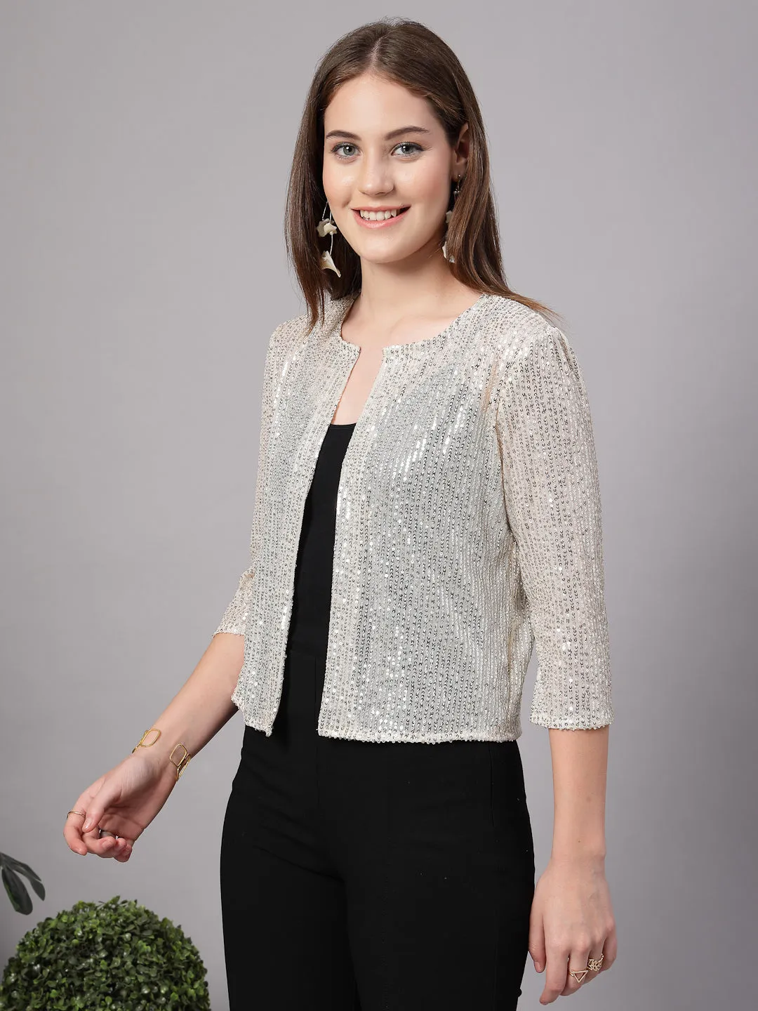Style Quotient Women Silver Beige Sequins shrug