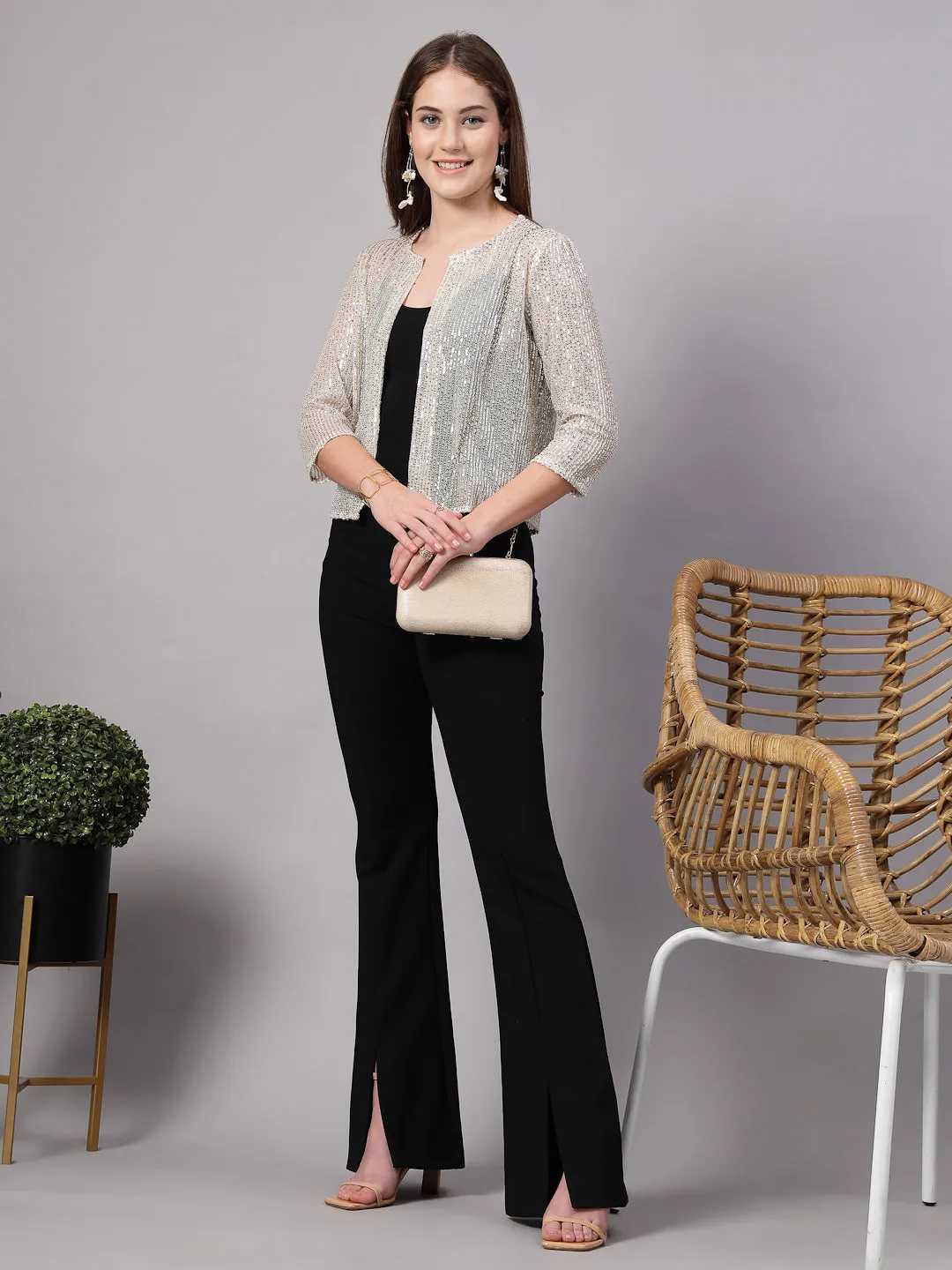 Style Quotient Women Silver Beige Sequins shrug