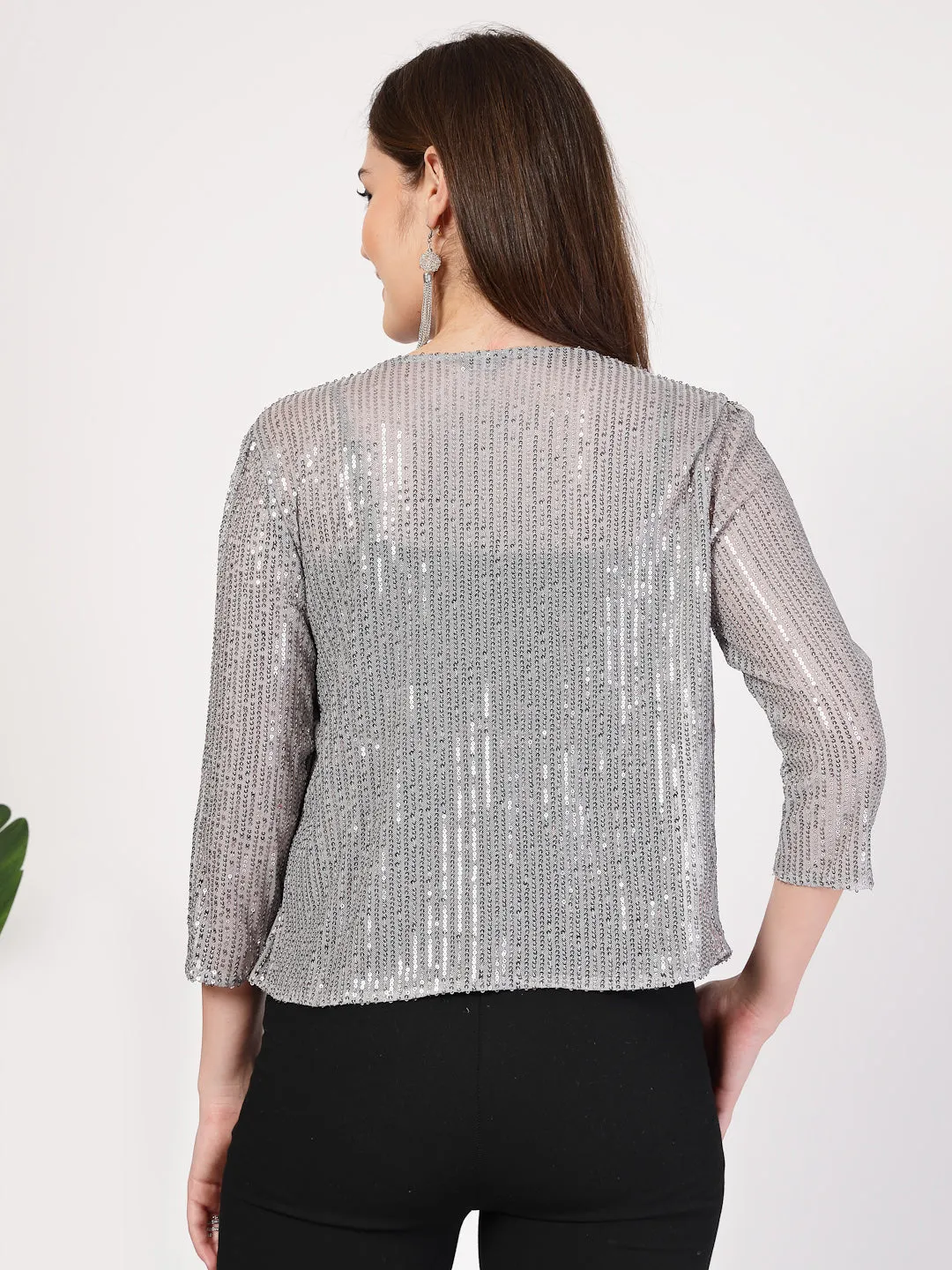 Style Quotient Women Silver Grey Sequins shrug