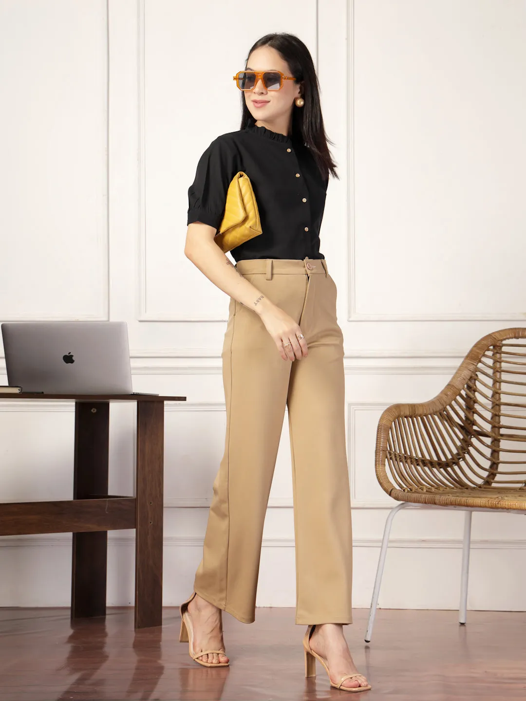 Style Quotient Women Solid Black Regular Fit Flex Formal Shirt