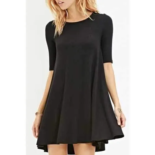 Stylish Jewel Neck Half Sleeve Solid Color Women's Dress - Black Xl