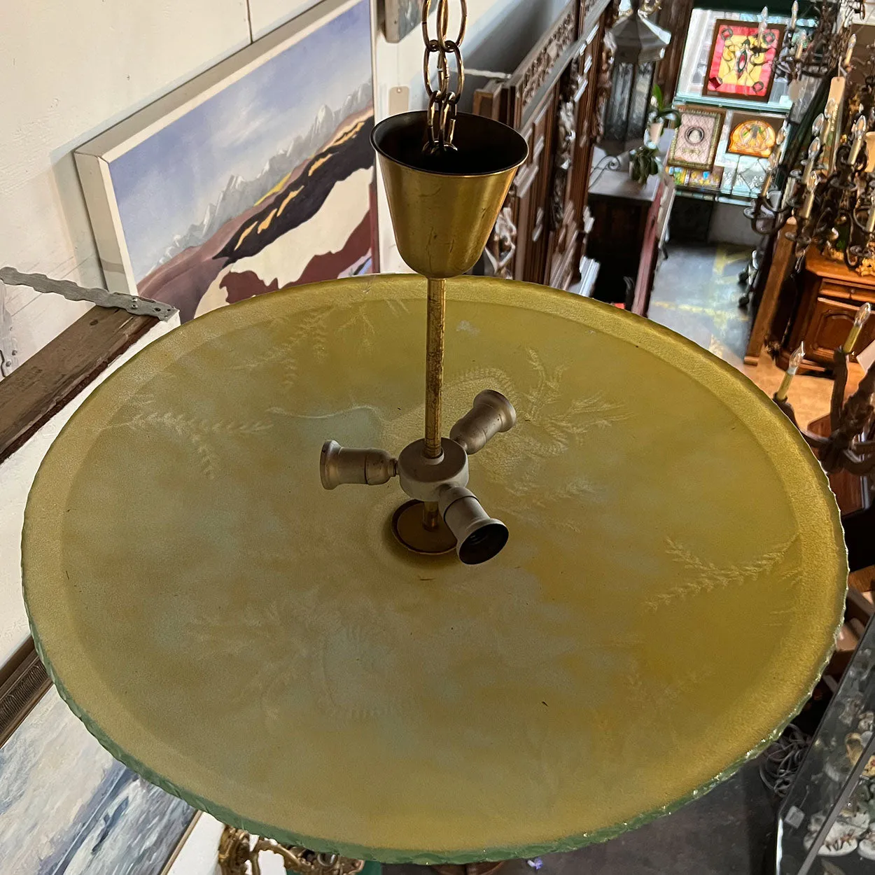 Swedish Orrefors Art Deco Yellow Glass Bowl Three-Light Pendant Ceiling Light
