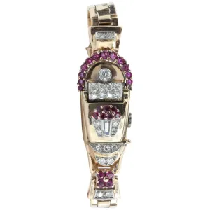 Vintage 1950's Art Deco 14K Rose Gold Diamond & Ruby Swiss Galmor Watch