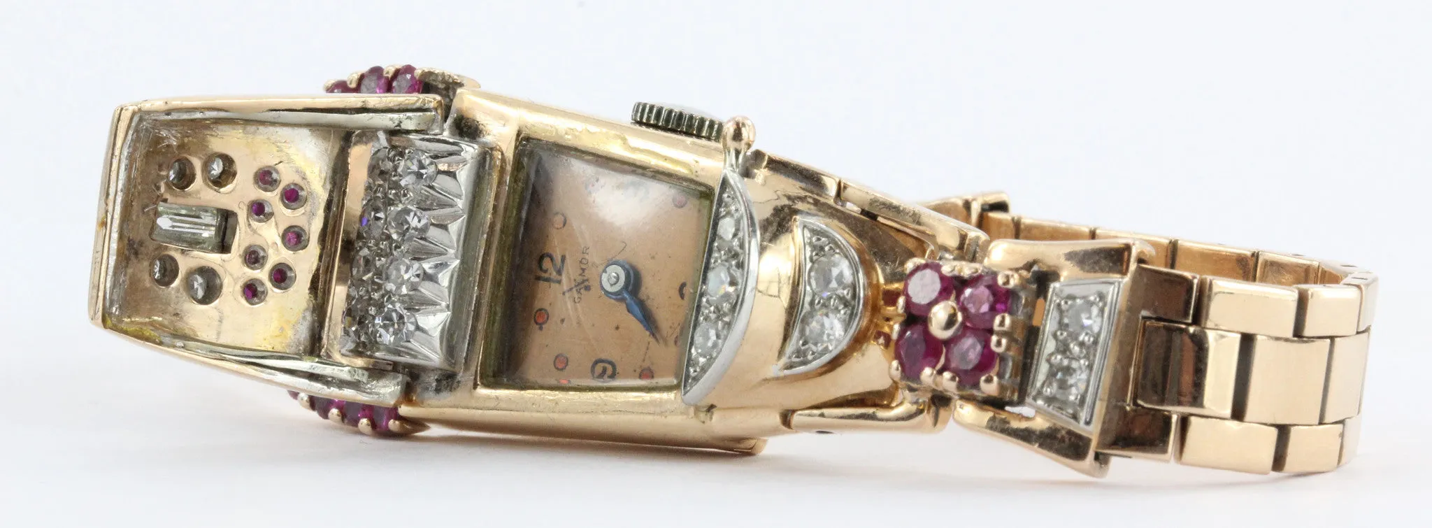 Vintage 1950's Art Deco 14K Rose Gold Diamond & Ruby Swiss Galmor Watch