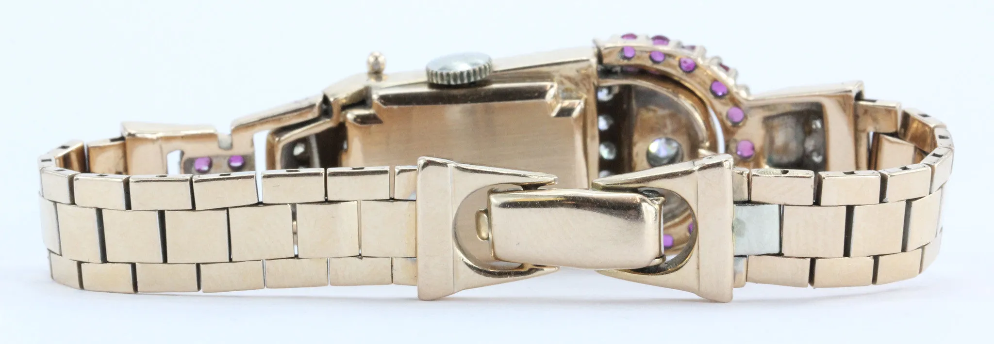Vintage 1950's Art Deco 14K Rose Gold Diamond & Ruby Swiss Galmor Watch