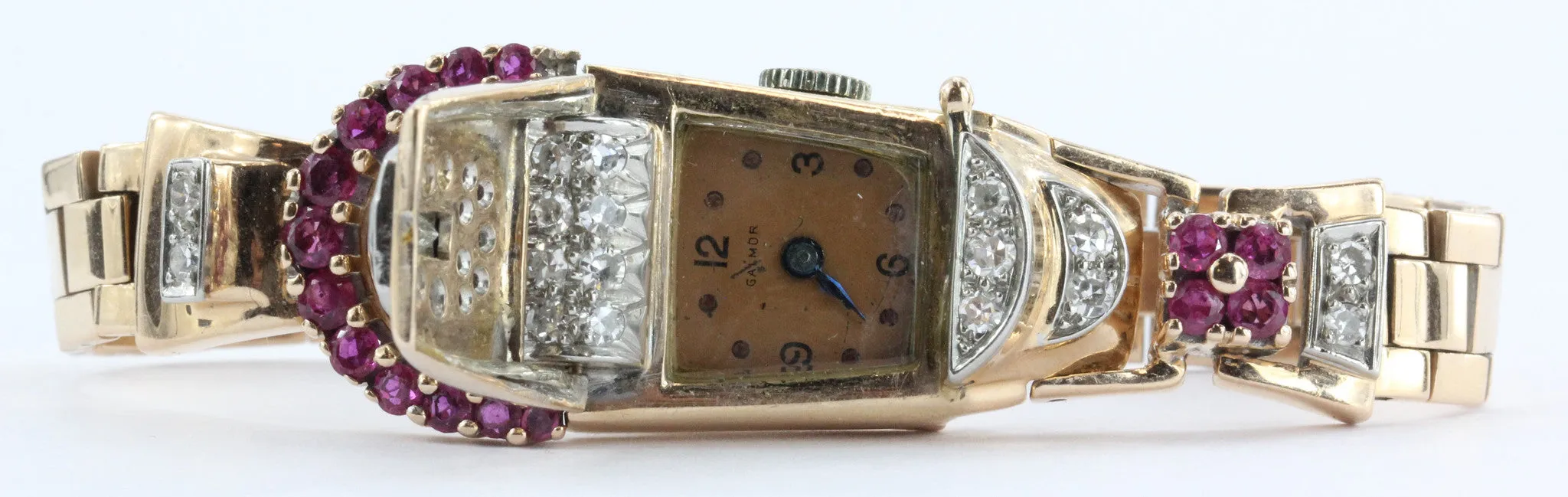 Vintage 1950's Art Deco 14K Rose Gold Diamond & Ruby Swiss Galmor Watch