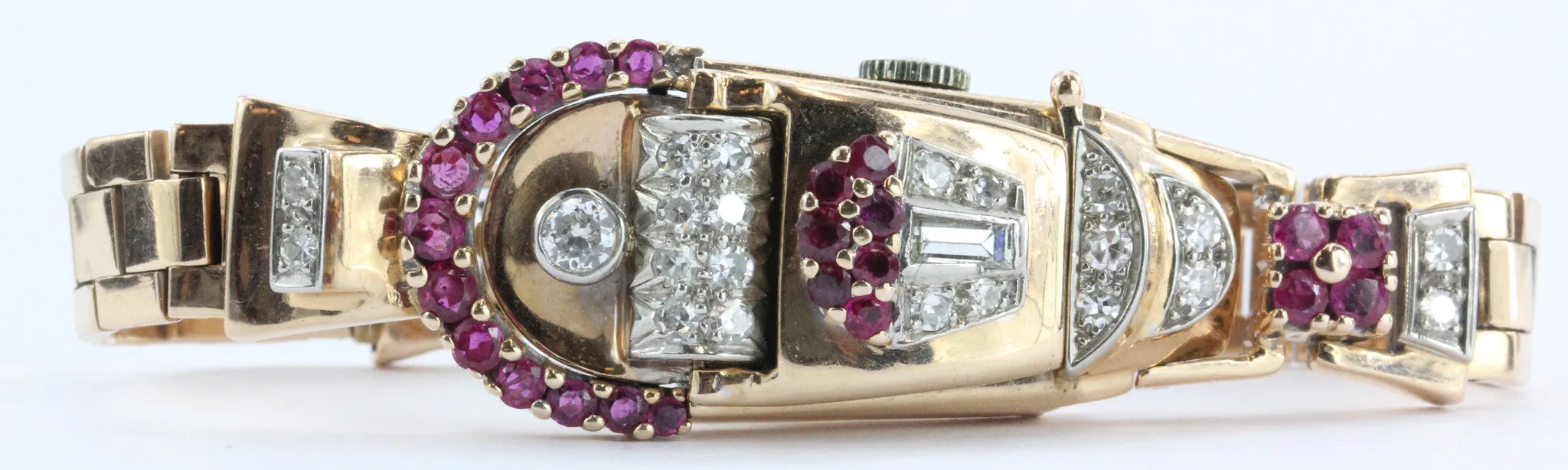 Vintage 1950's Art Deco 14K Rose Gold Diamond & Ruby Swiss Galmor Watch