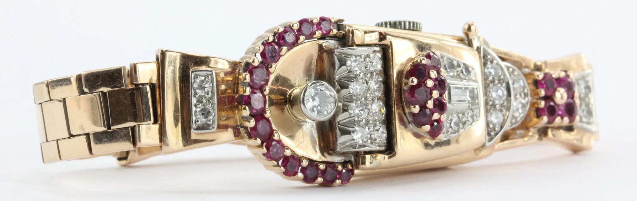 Vintage 1950's Art Deco 14K Rose Gold Diamond & Ruby Swiss Galmor Watch