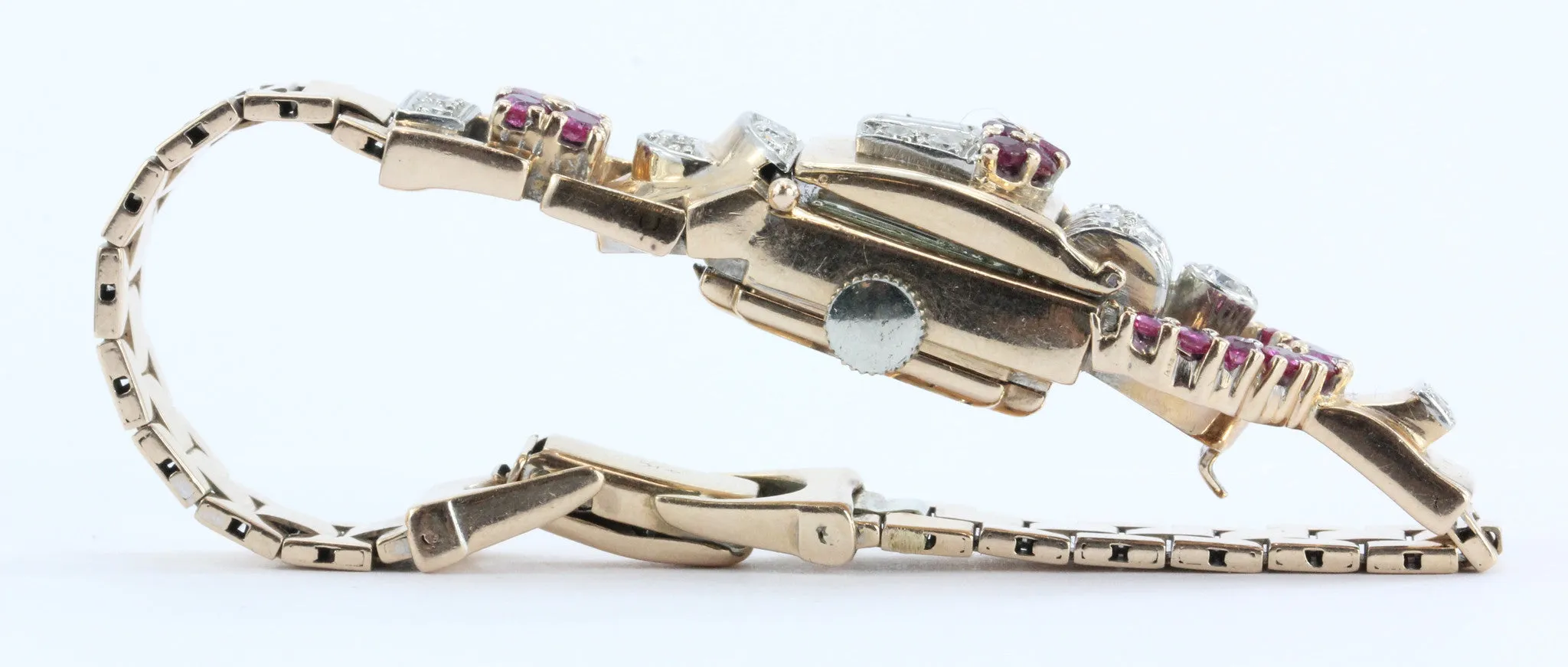 Vintage 1950's Art Deco 14K Rose Gold Diamond & Ruby Swiss Galmor Watch