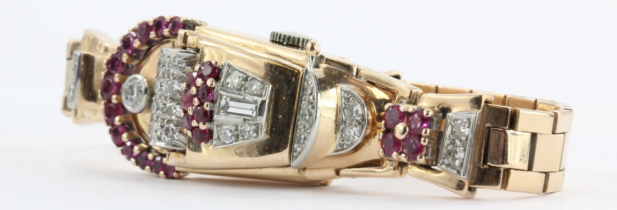Vintage 1950's Art Deco 14K Rose Gold Diamond & Ruby Swiss Galmor Watch
