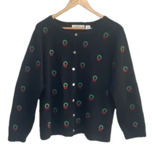 Vintage Orvis Women's Black Wool Christmas Wreath Cardigan Sweater XL