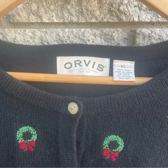Vintage Orvis Women's Black Wool Christmas Wreath Cardigan Sweater XL