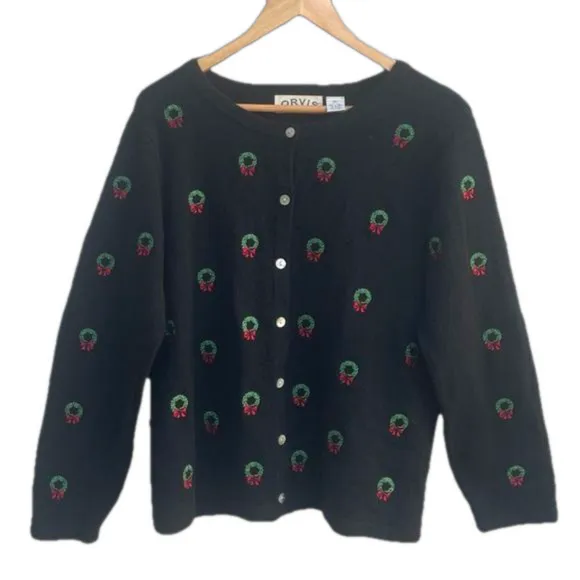 Vintage Orvis Women's Black Wool Christmas Wreath Cardigan Sweater XL