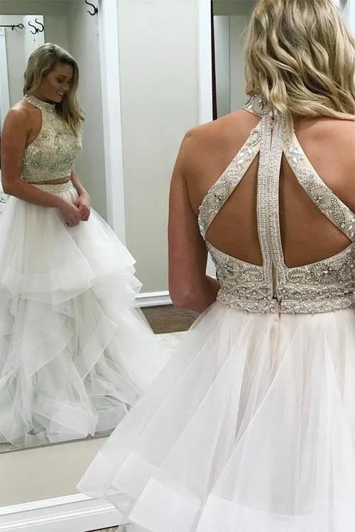 White High Neck Two Piece A Line Tulle Prom Dress Evening Dresses, SP415