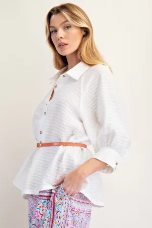 White Textured Woven Button Down Shirt