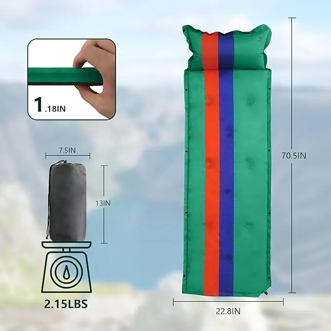 WILD FUN Sleeping Pad for Camping, Lightweight Memory Foam Camping Mattress with Pillow, Self Inflating Camping Pad 1.2" Thick Foam, Air Mattress Inflatable Sleeping Mat for Backpacking,Hiking