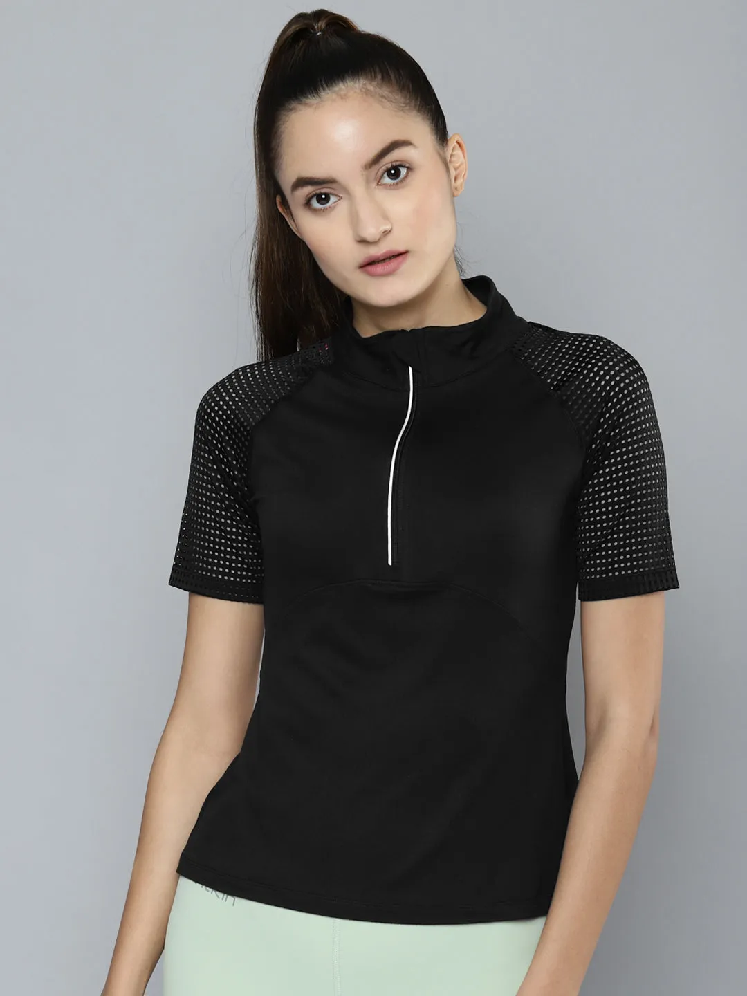 Women's Black Zipper High Neck Running T-shirt