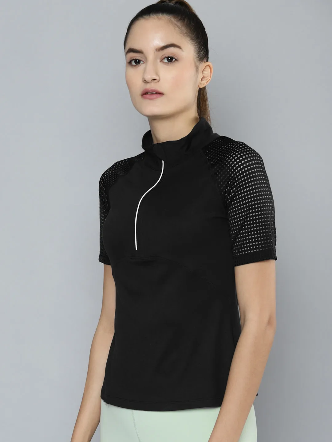Women's Black Zipper High Neck Running T-shirt