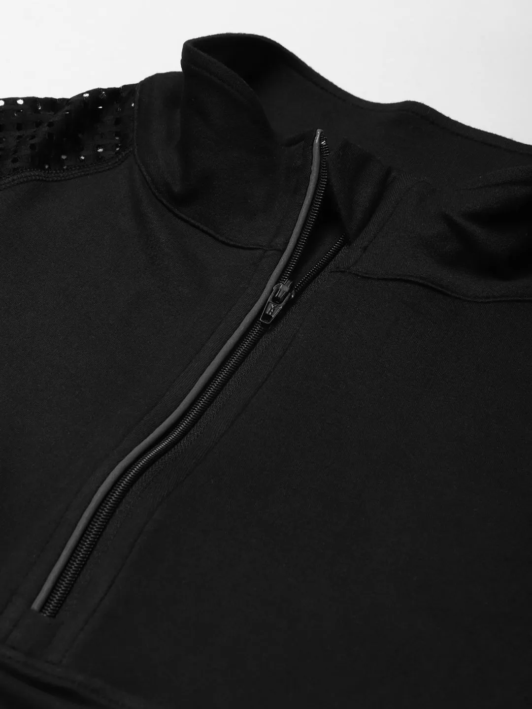 Women's Black Zipper High Neck Running T-shirt