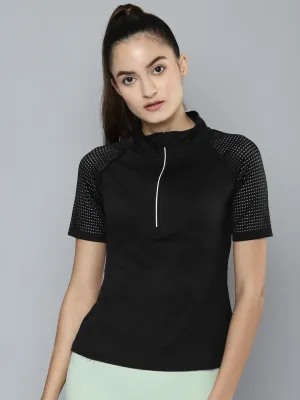 Women's Black Zipper High Neck Running T-shirt