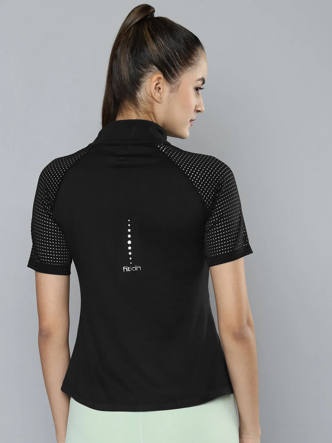 Women's Black Zipper High Neck Running T-shirt