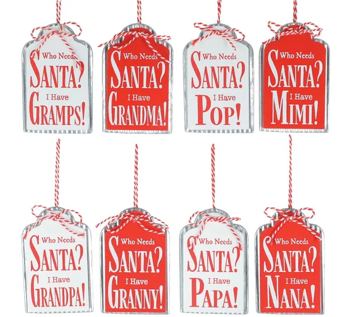 WOOD AND TIN GRANDPARENT SANTA ORNAMENTS